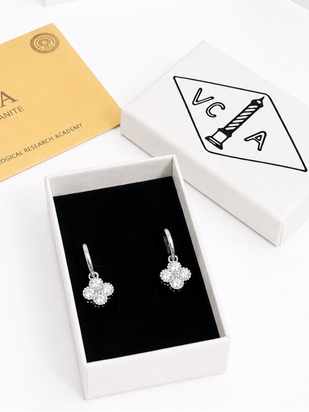 VCA Silver Clover Drop Diamond Hoop Earrings